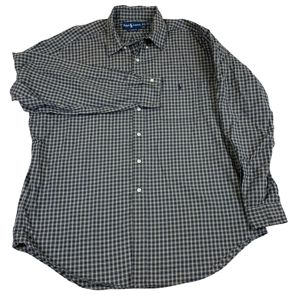 Ralph Lauren Mens XL Classic Fit Button Down Shirt Navy Plaid Cotton Long Sleeve
